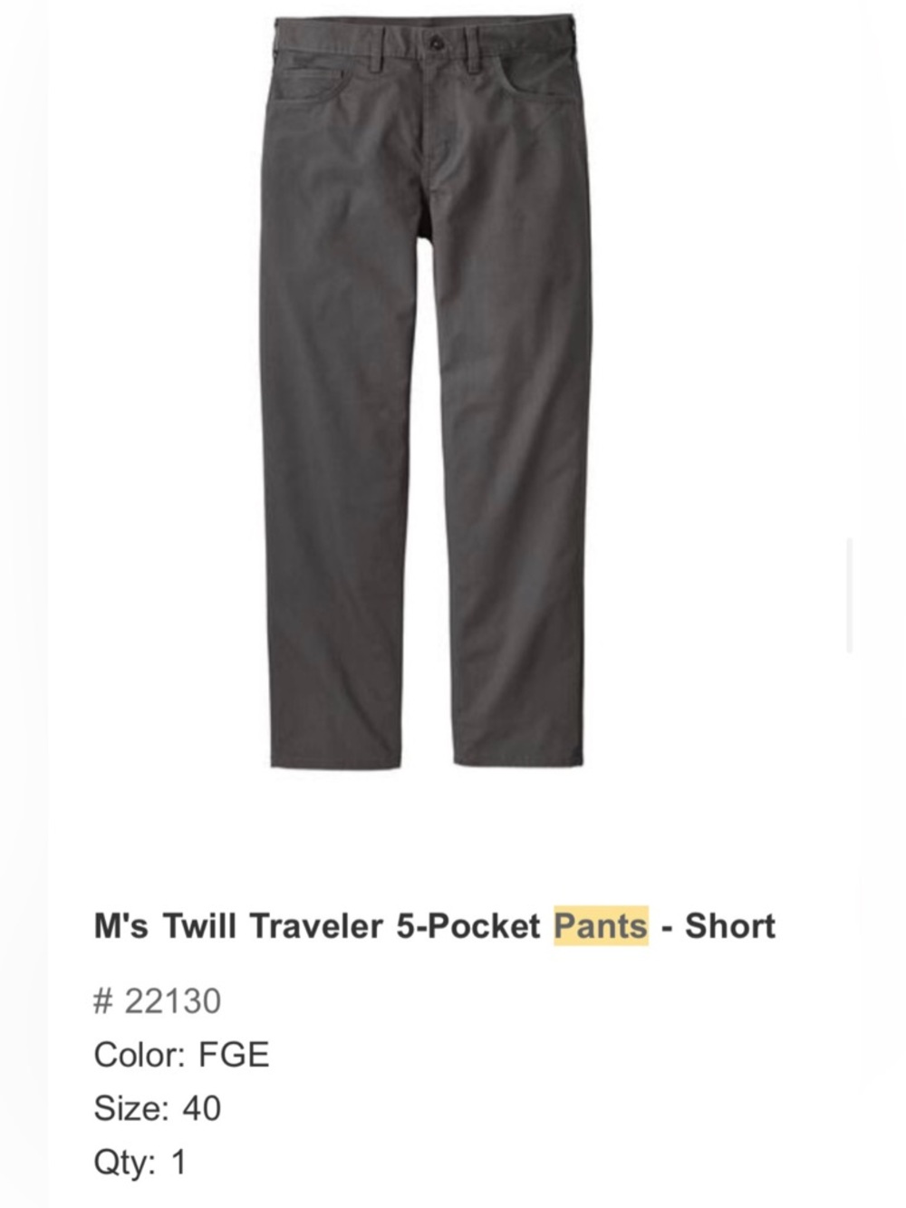 Men's Patagonia Twill Traveler 5-Pocket Pants - Short - Gray - 40 x 30